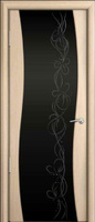 Дверь межкомнатная Волна шпон беленый дуб со стеклом "Узор" черный трипле