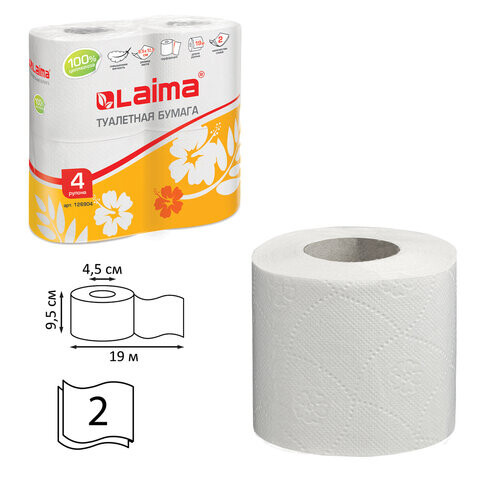 Бумага туалетная бытовая спайка 4 шт. 2-х слойная 4х19 м LAIMA белая 126904