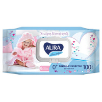 Салфетки влажные Комплект 100 шт. для детей AURA Ultra comfort гипоаллергенные без спирта крышка-клапан 6486