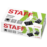 Зажимы для бумаг STAFF EVERYDAY Комплект 12 шт. 19 мм на 60 листов черные картонная коробка 224606