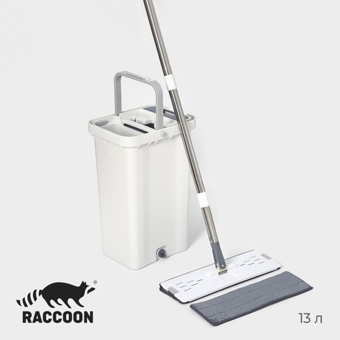 Швабра с отжимом и ведро raccoon: ведро с отсеками для полоскания и отжима 13 л, швабра плоская, запасная насадка из мик