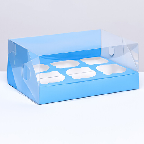 Кондитерская складная коробка для 6 капкейков 23,5 х 16 х 10, голубая UPAK LAND