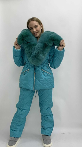 Бирюзовый зимний комплект: куртка парка с мехом песца до груди+зимние брюки - Варежки с мехом
