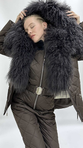 Зимний комплект до -35 градусов: полукомбинезон и куртка парка с мехом ламы в цвете шоколад